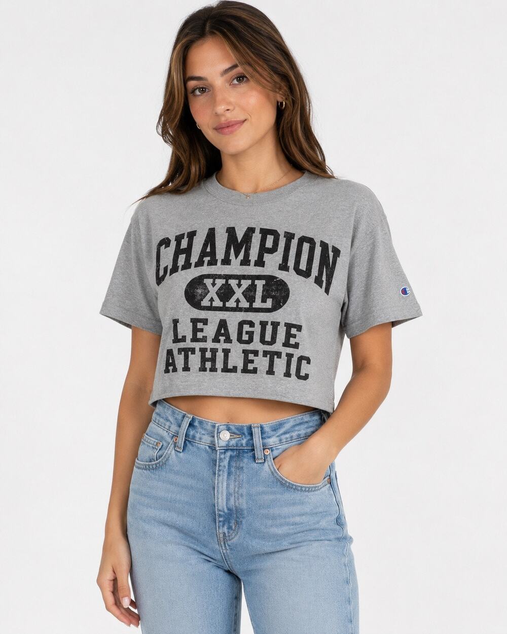 Champion Womens Crop Top Small Gray Varsity Graphic Athletic Streetwear NWT
